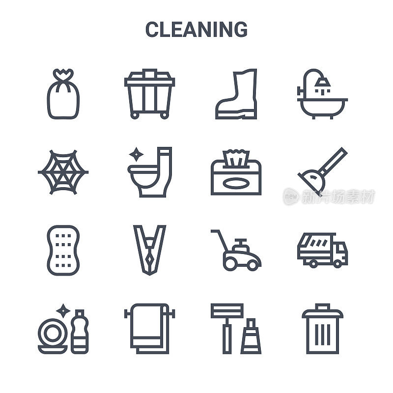 set of 16 cleaning concept vector line icons. 64x64 thin stroke icons such as dumpster, spider web, plunger, lawn mower, towel, trash bin, shaver, tissue, shower